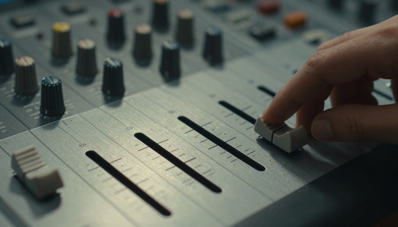 Hand sliding one of four faders on an analog mixing console