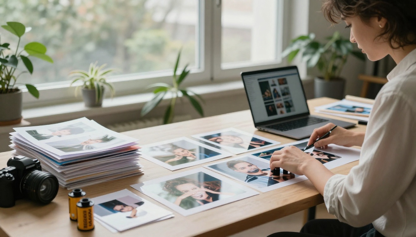 Designer arranging photo prints into a mood board at a long studio table