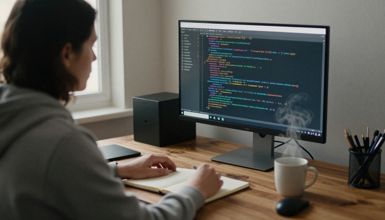 A developer reviewing a long block of code on a wide monitor at dawn