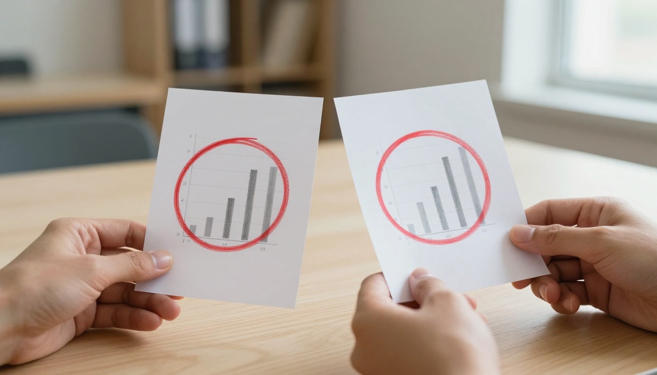 Two pairs of hands holding printed bar charts above an oak table