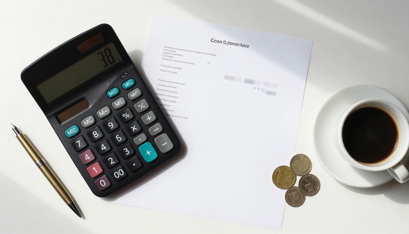 A flat lay of a calculator, printed invoice, fountain pen and coins on a white oak desk