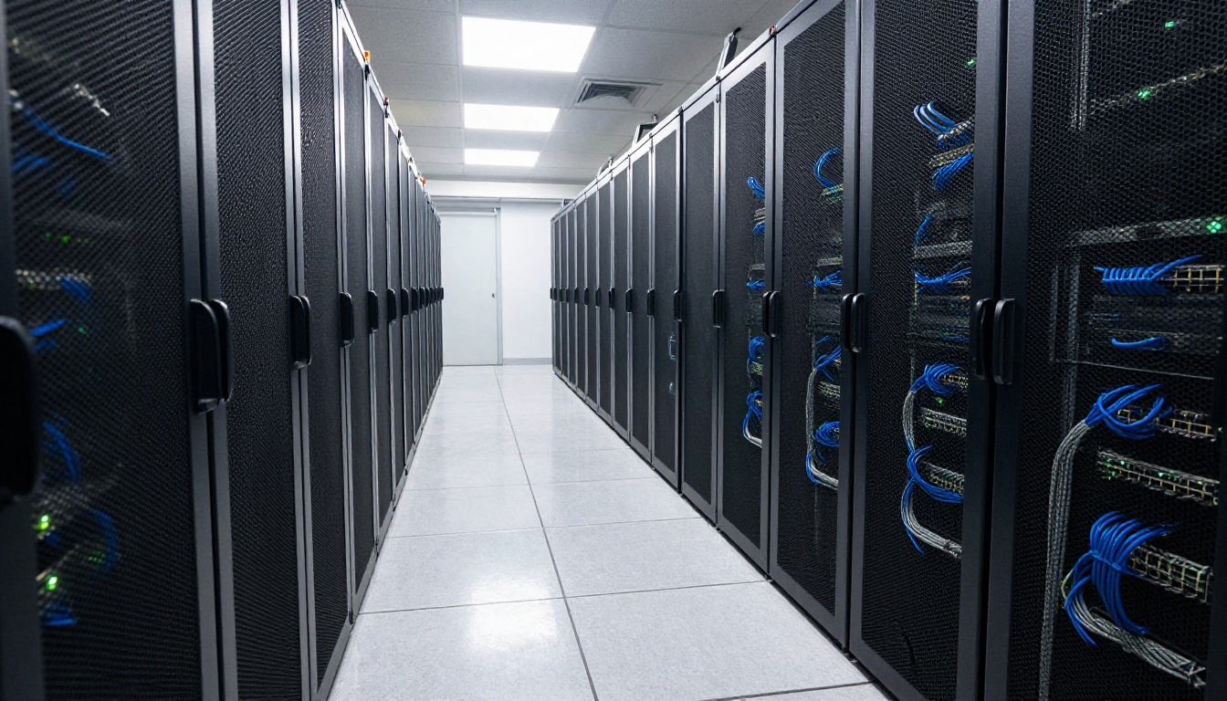 A long aisle of black server racks in a bright data center