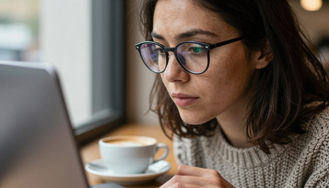 A software engineer squinting at code on a laptop in a cafe window seat