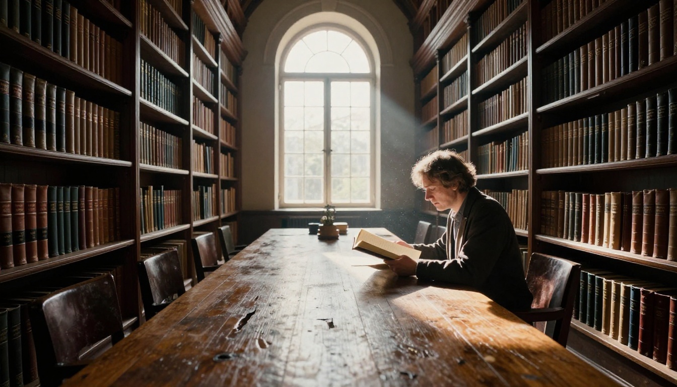 A long oak reading table in a grand library with towering shelves