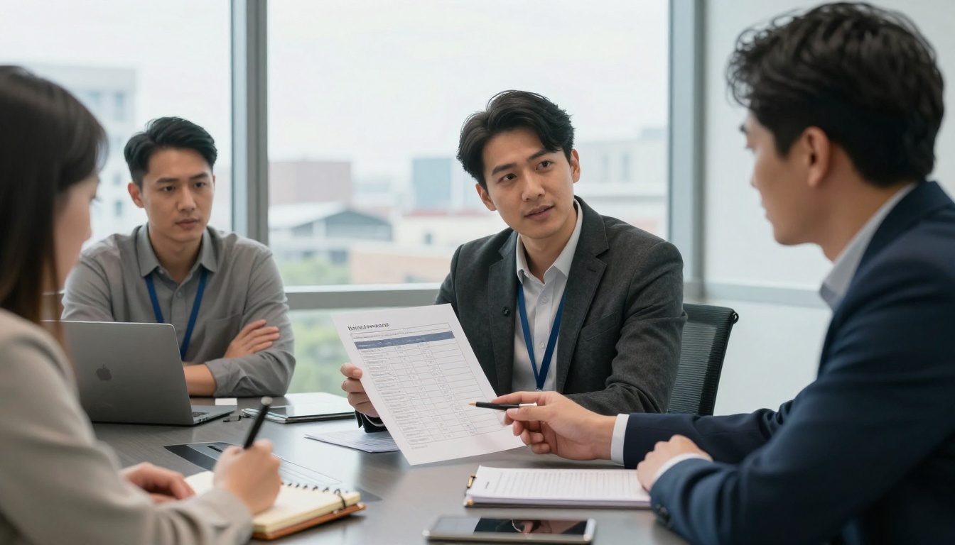 Three colleagues comparing a printed table around a glass conference room table