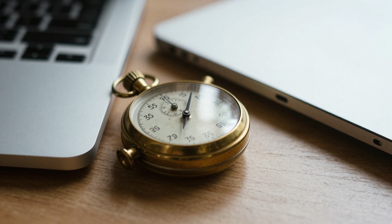 A brass stopwatch resting next to a closed laptop on a matte desk
