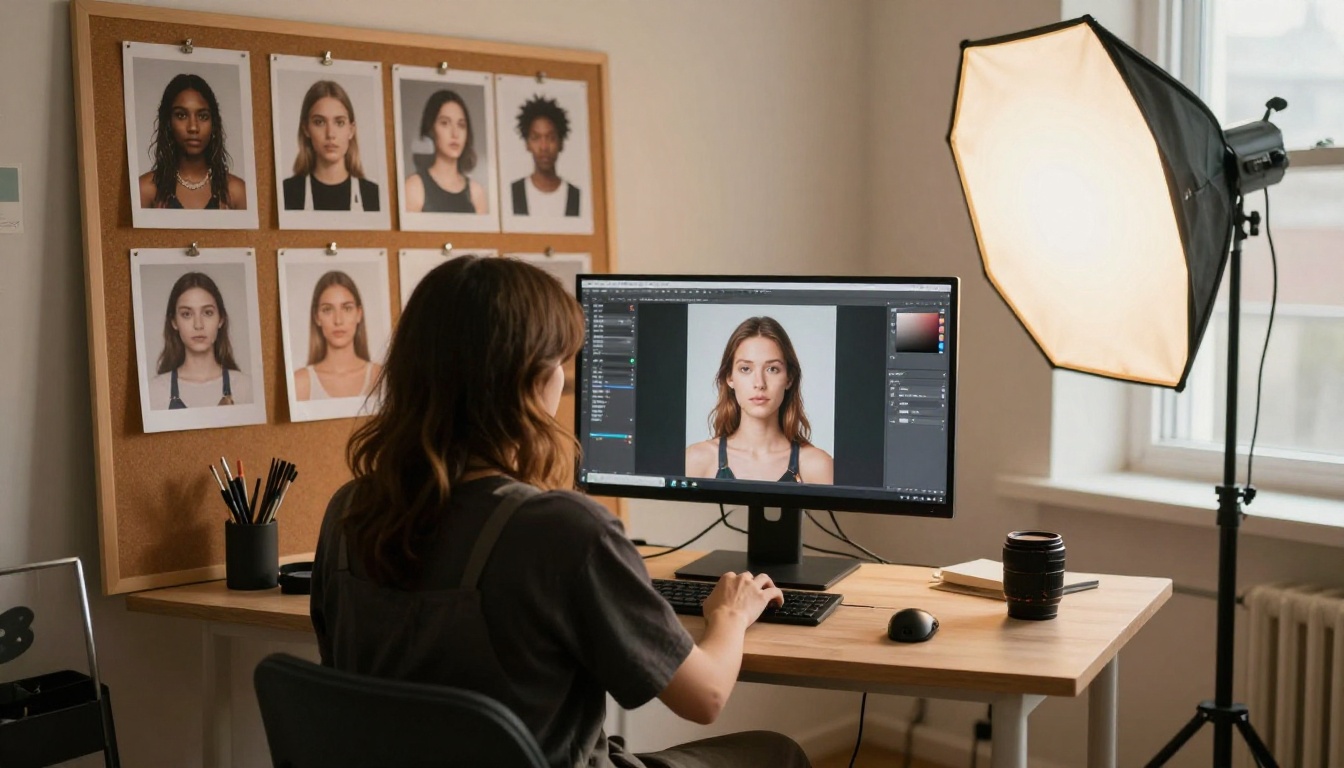 A photographer and designer editing a portrait on a large monitor in a sunlit studio
