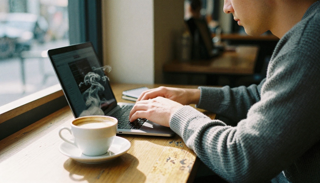 A developer typing on a laptop at a cafe window table beside a latte and a notebook