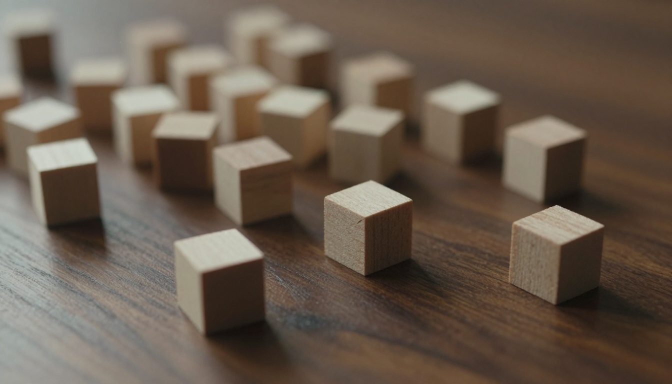 Plain wooden cubes being sorted into small groups on a dark walnut table