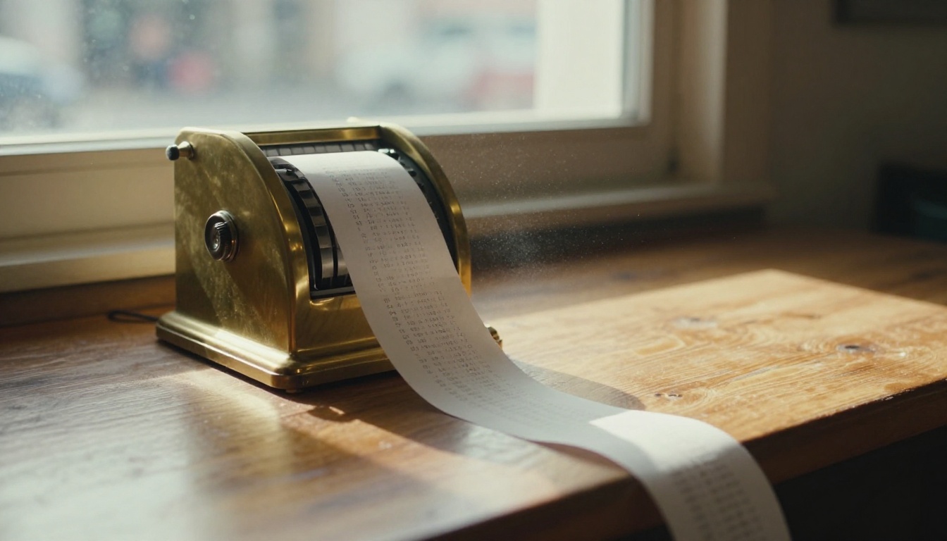 A long paper receipt unspooling from a brass cash register onto a wooden counter