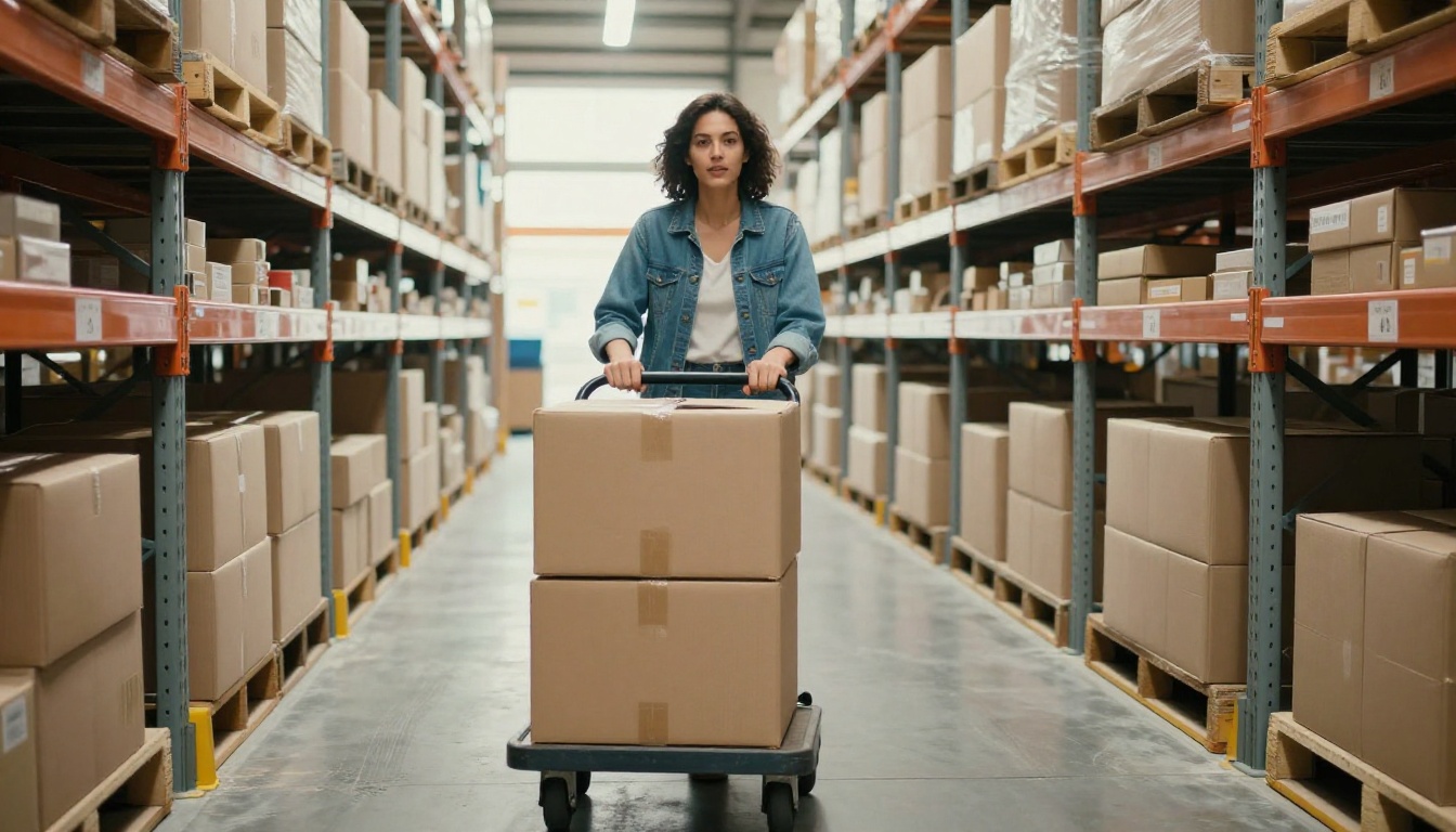 A woman pushing a trolley of identical cartons down a warehouse aisle