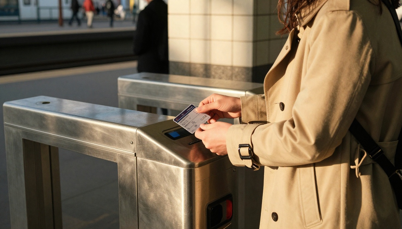 A commuter holding a monthly transit pass against a turnstile reader at a train station