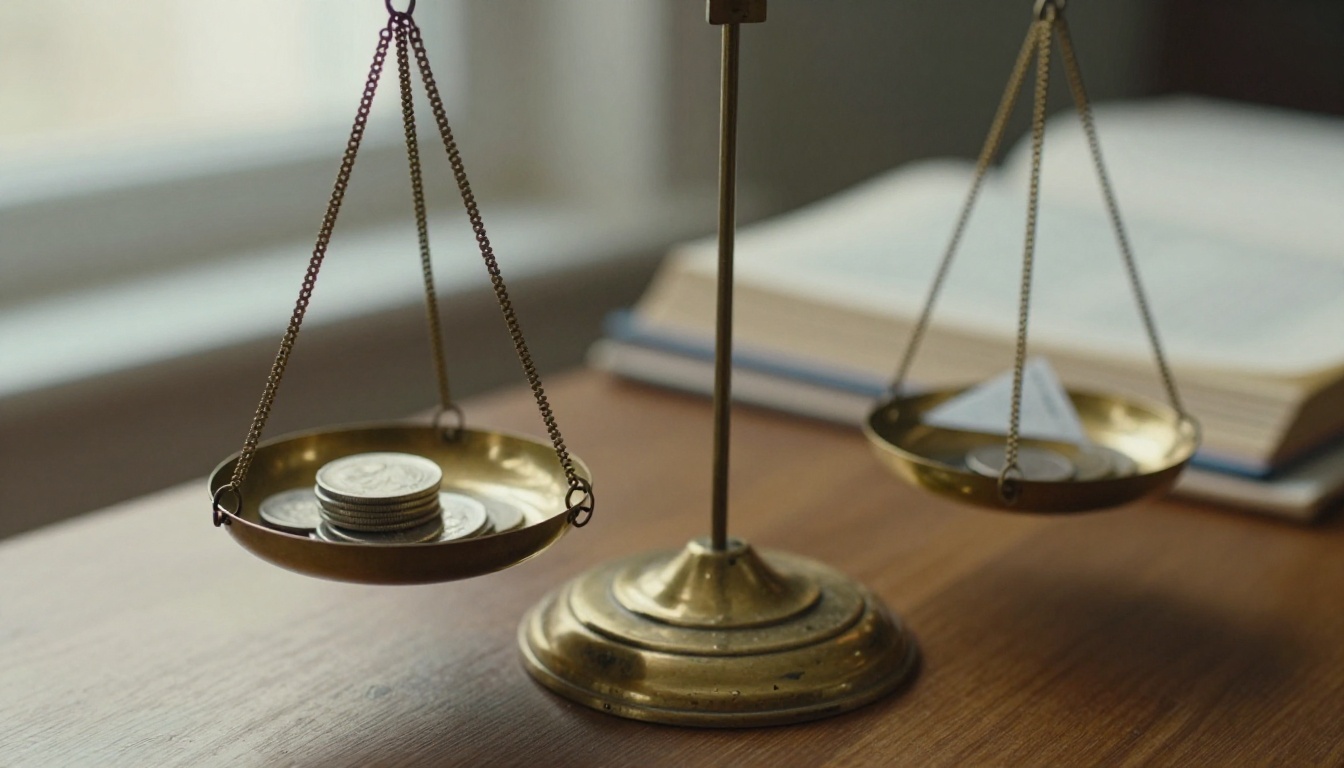 A brass balance scale with coins on one pan and a folded paper pass on the other