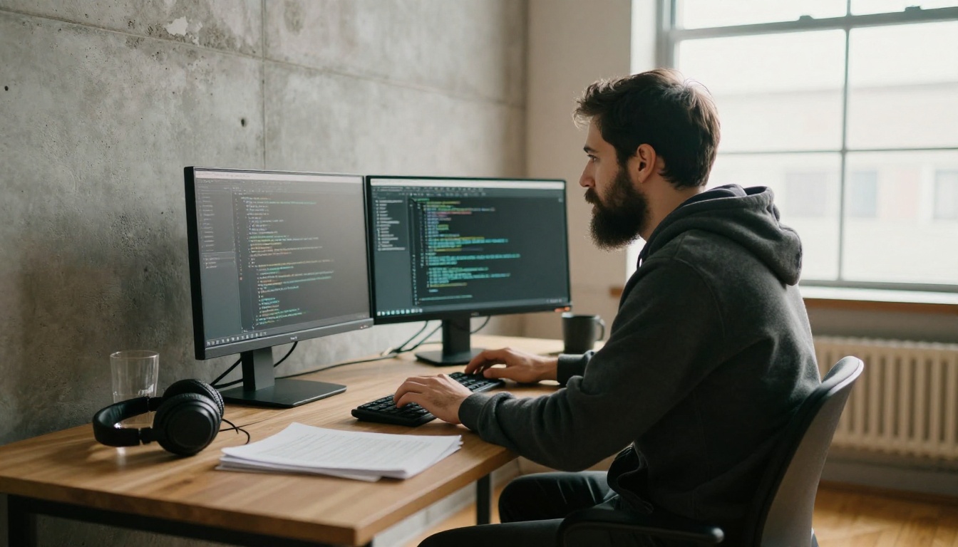 A bearded developer at a standing desk with two monitors in late afternoon sun