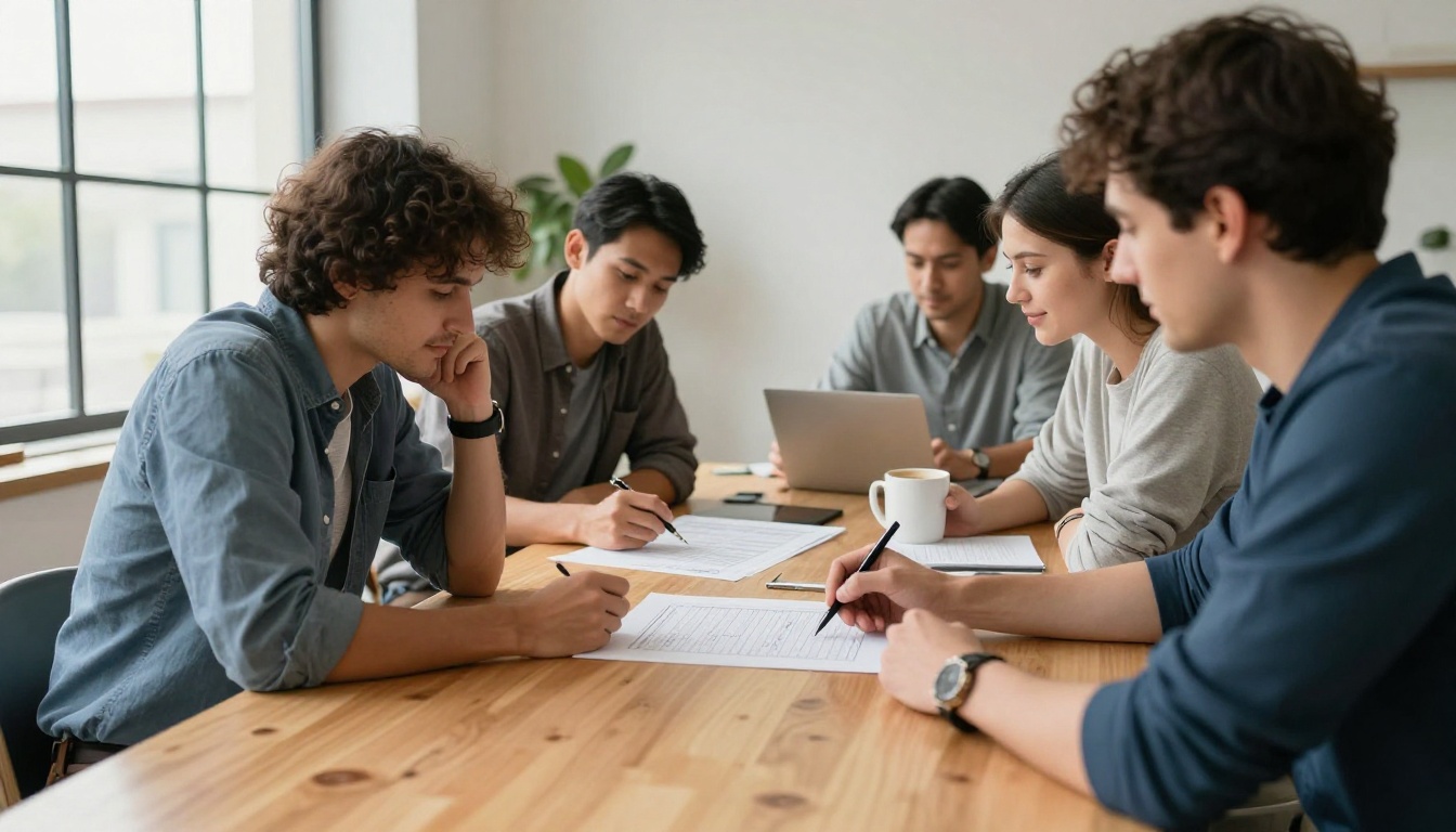 Four colleagues reviewing a printed spreadsheet around a meeting table