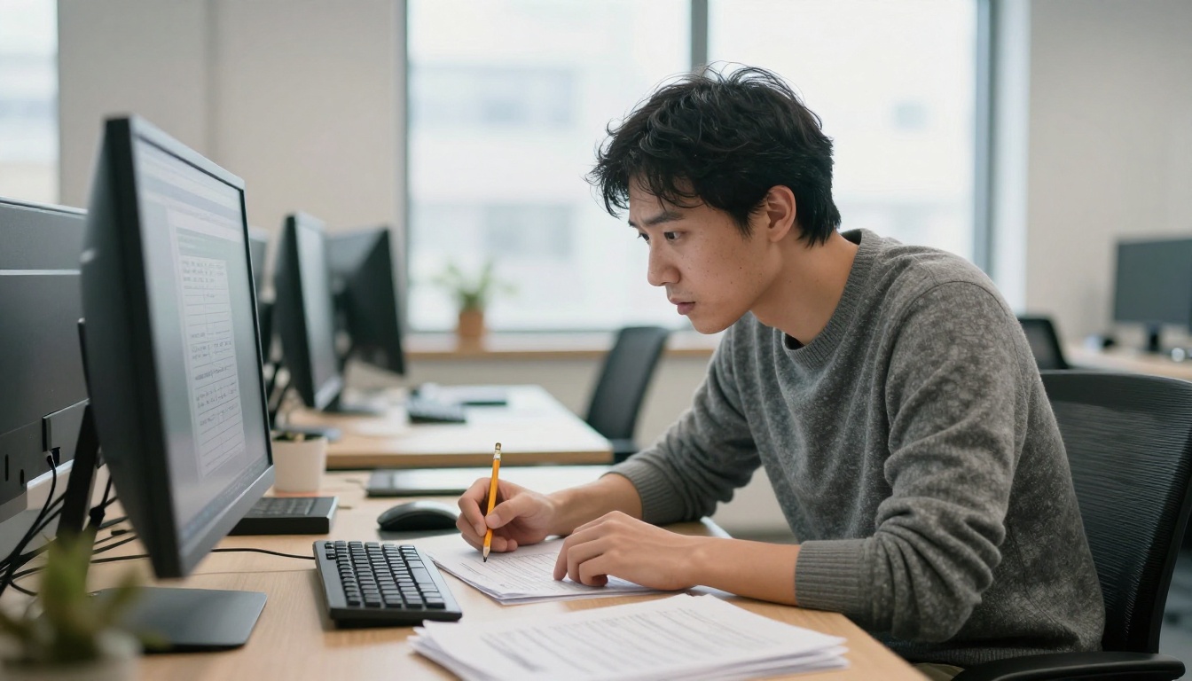 A developer reviewing printed cost spreadsheets at a standing desk