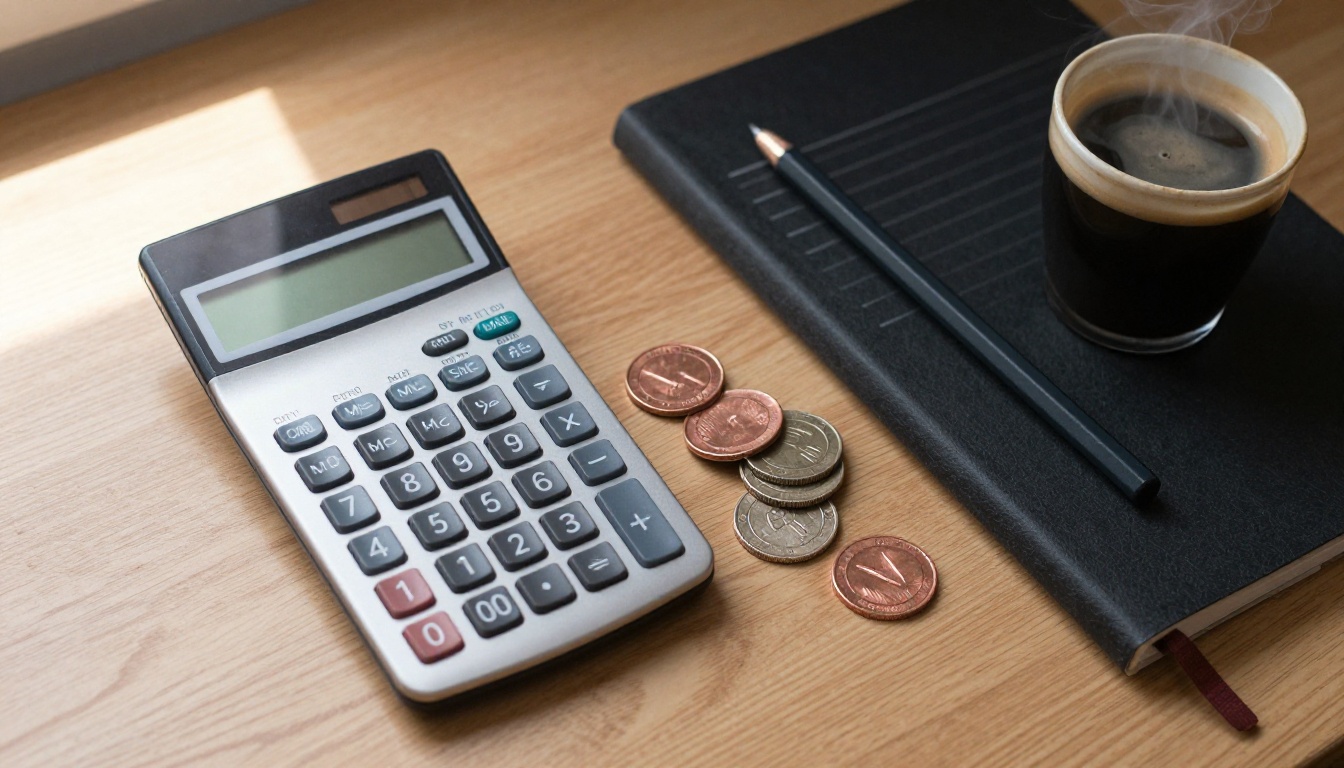 Overhead view of a calculator, coins and a notebook on an oak desk
