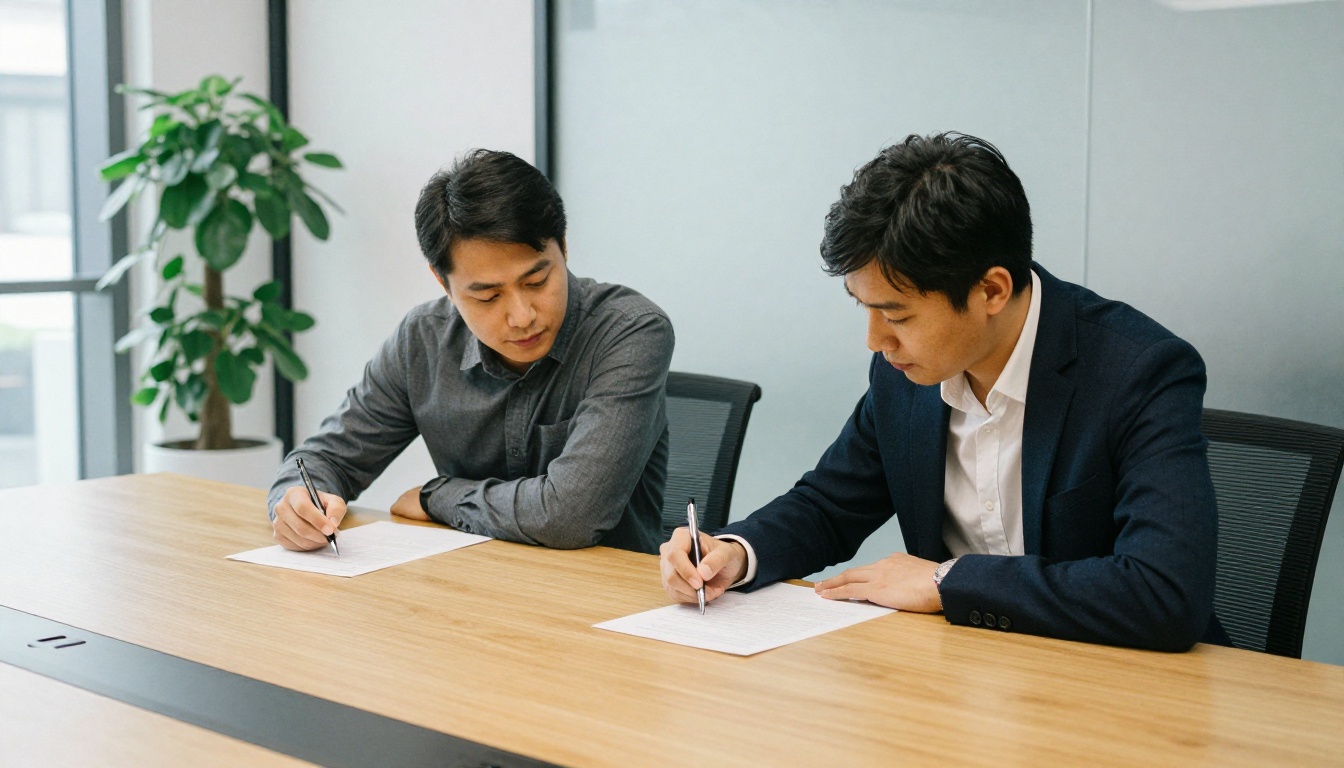 Two colleagues comparing printed sheets at a wooden meeting table