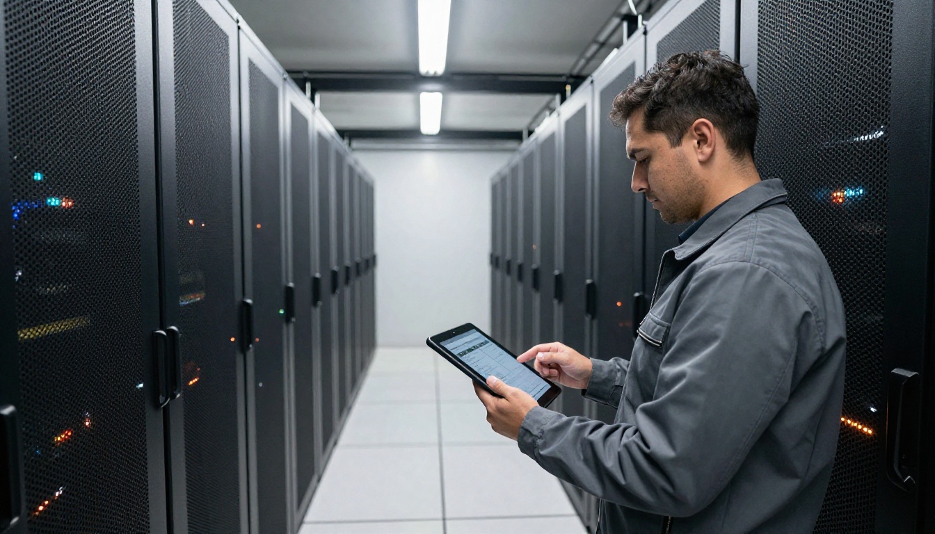 Low-angle view of a data center aisle with a technician holding a tablet