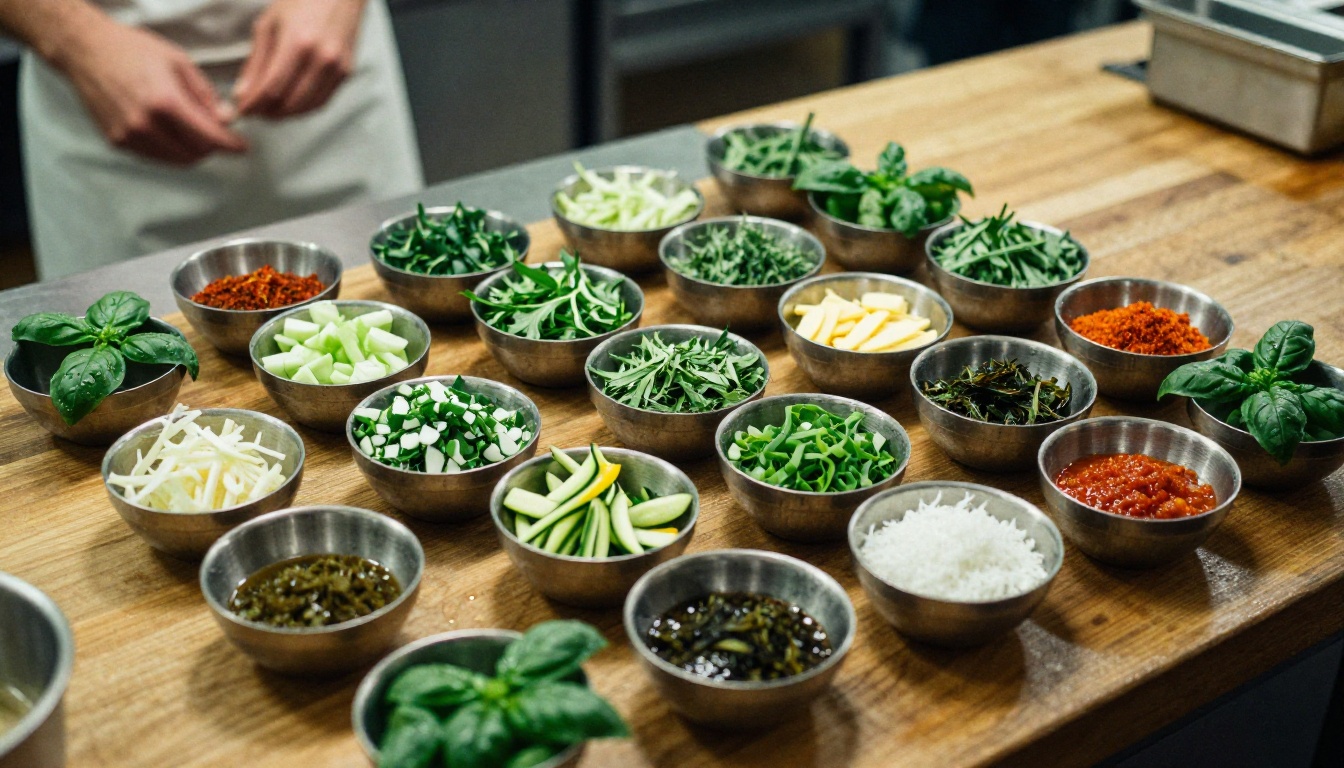 Overhead view of a chef's counter with small bowls of prepped ingredients