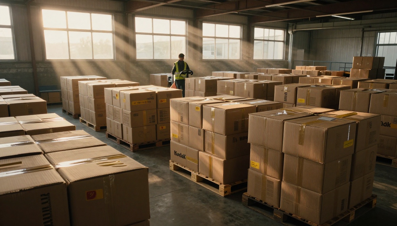 Aerial view of a quiet warehouse at dawn with rows of stacked boxes