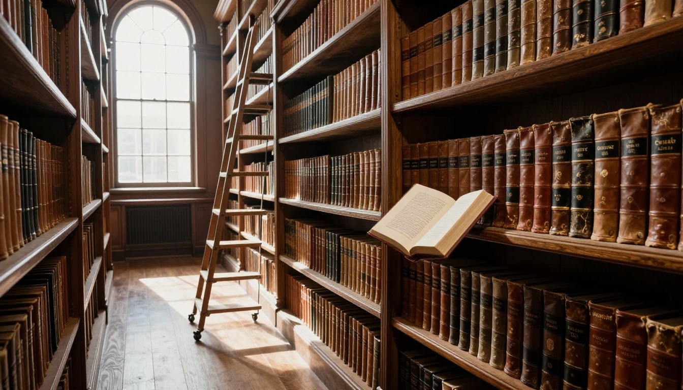Low-angle view of a vast library archive with tall oak shelves and a reader