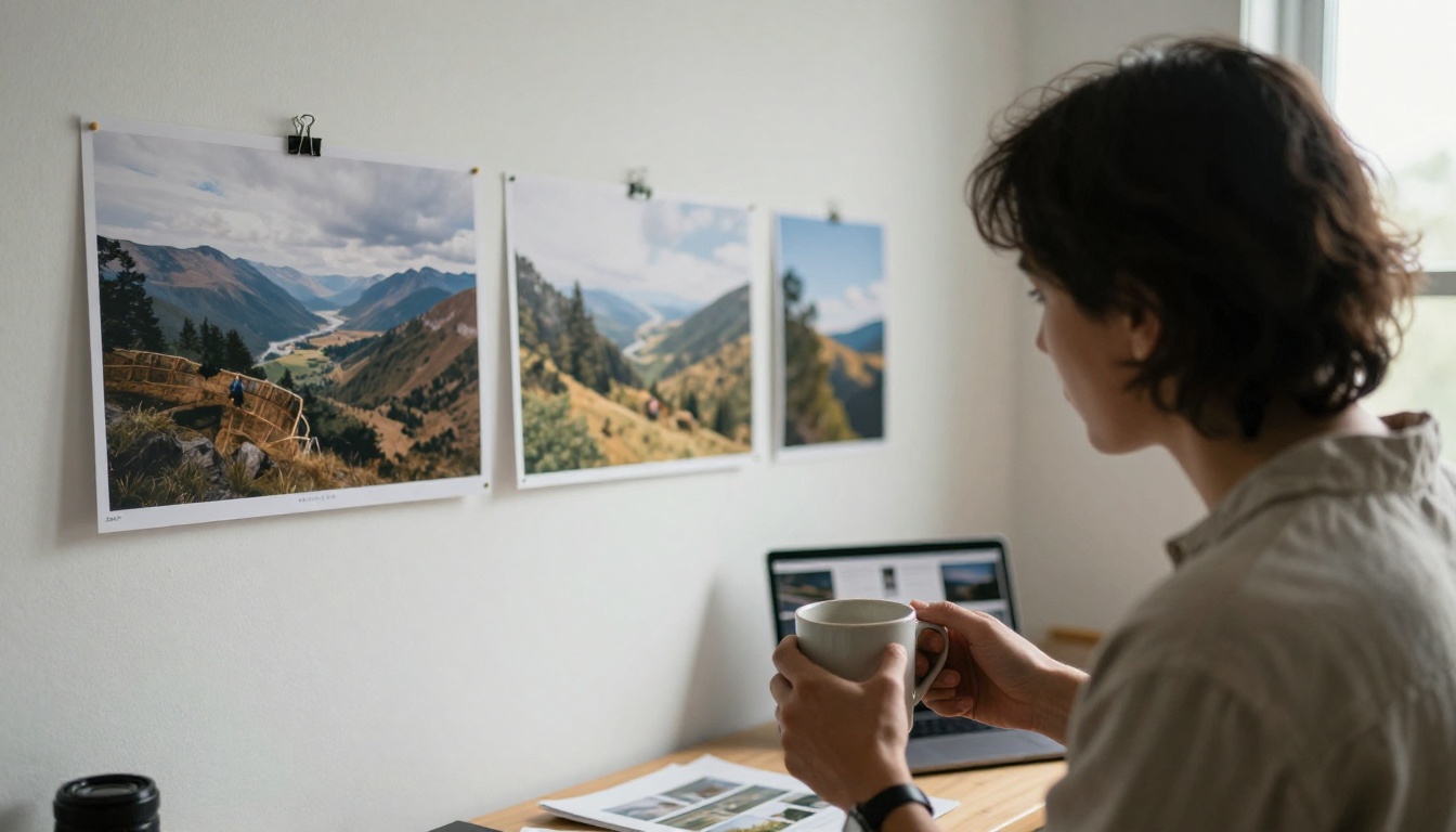 A photographer reviewing printed landscape photographs in a sunlit studio