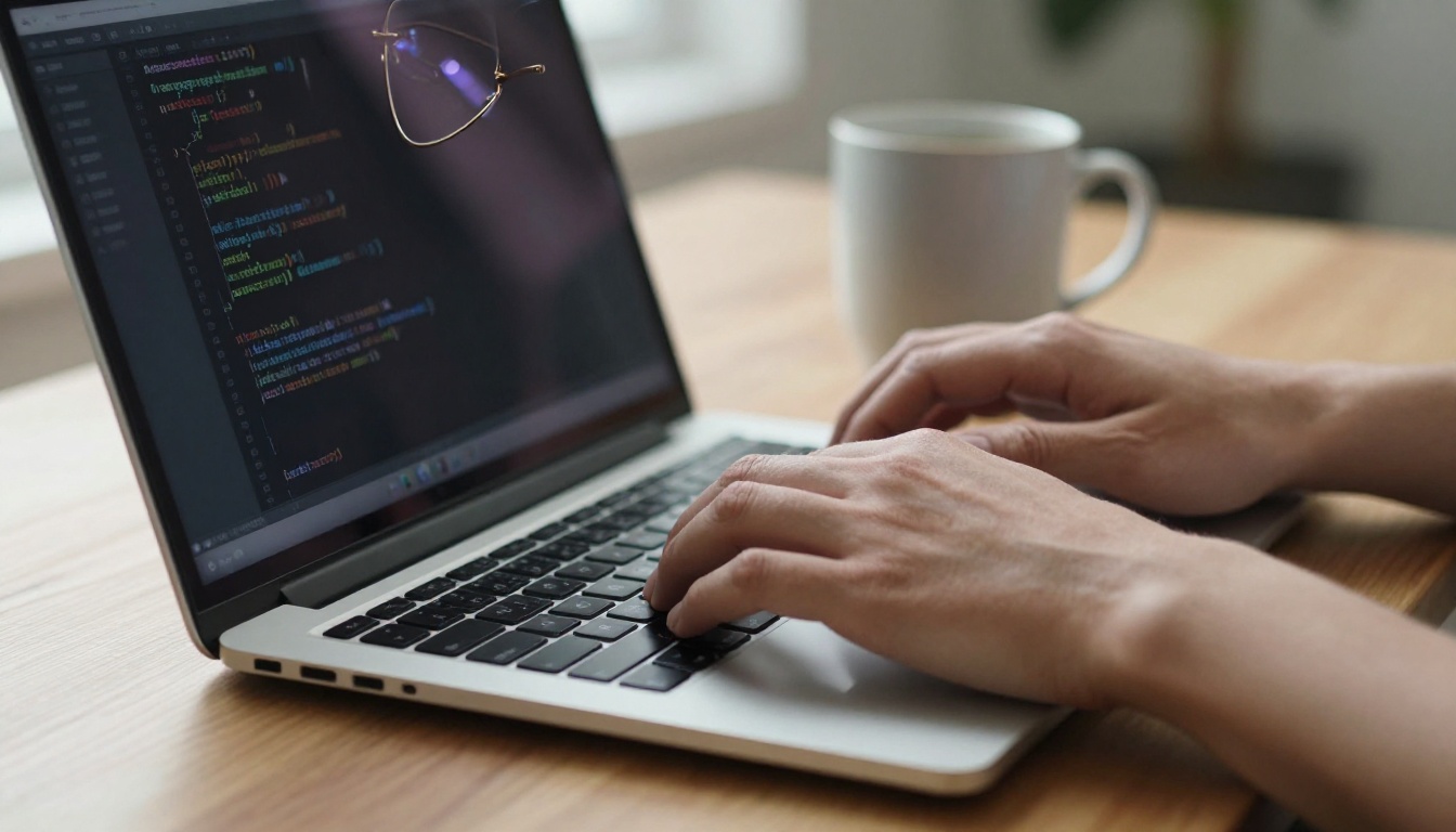 Developer's hands typing Python code on a laptop at a wooden desk