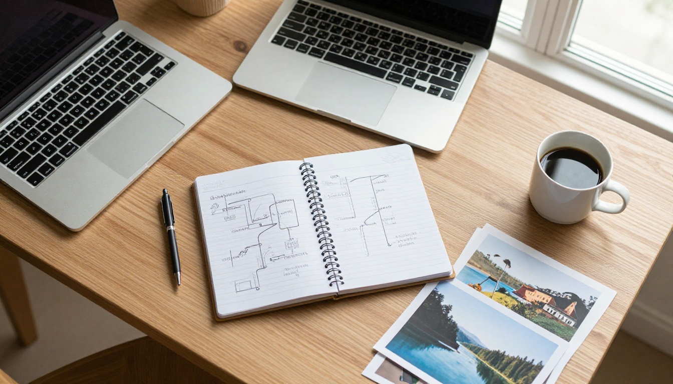 Overhead view of a desk with a laptop, notebook sketches and printed photographs