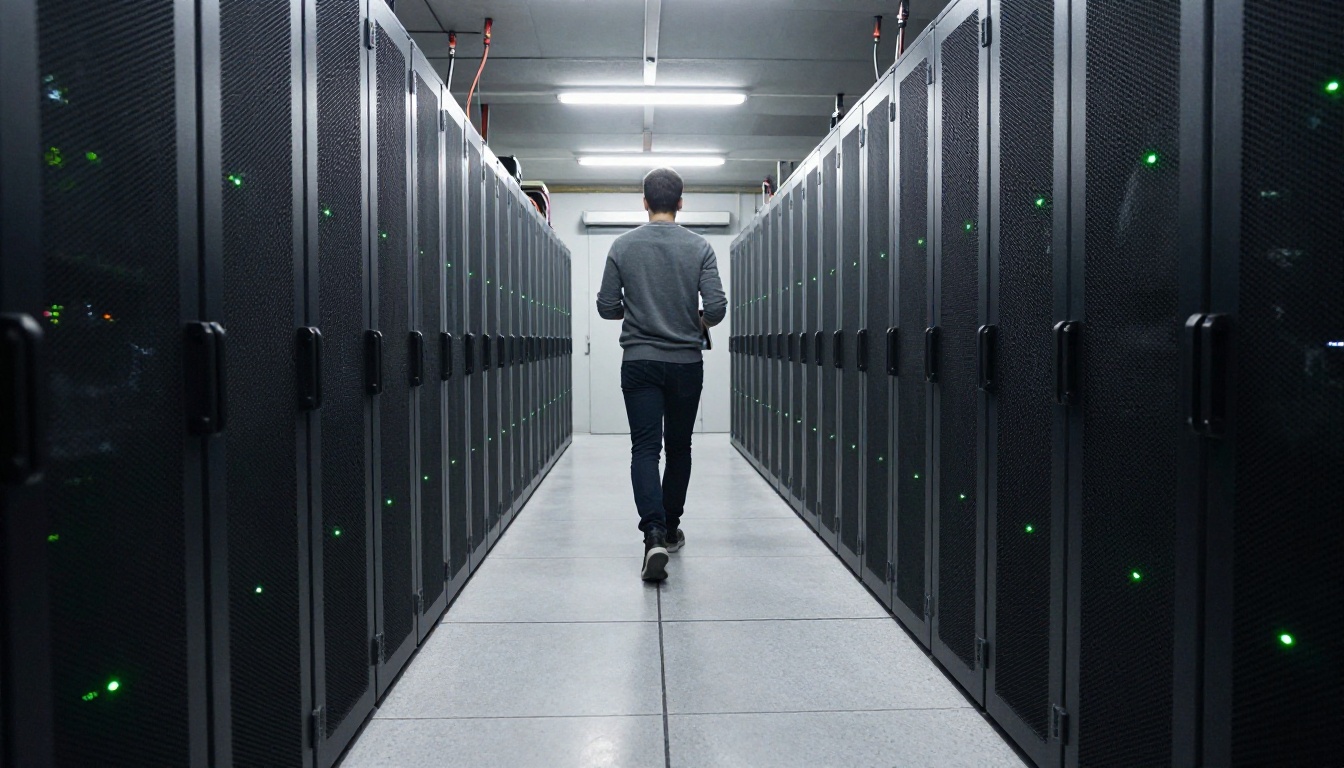 Rows of black server racks in a quiet data center aisle