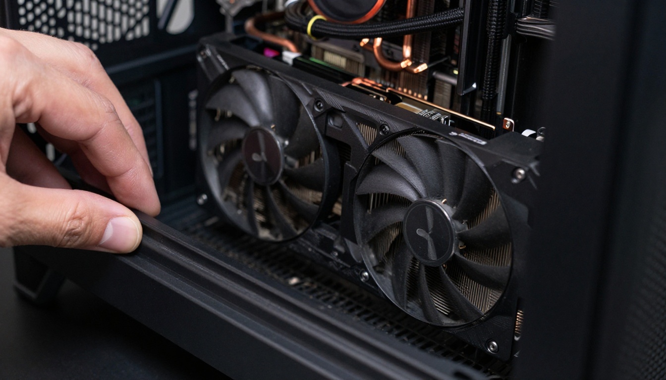 Close-up of a desktop graphics card with copper heat pipes inside an open PC case