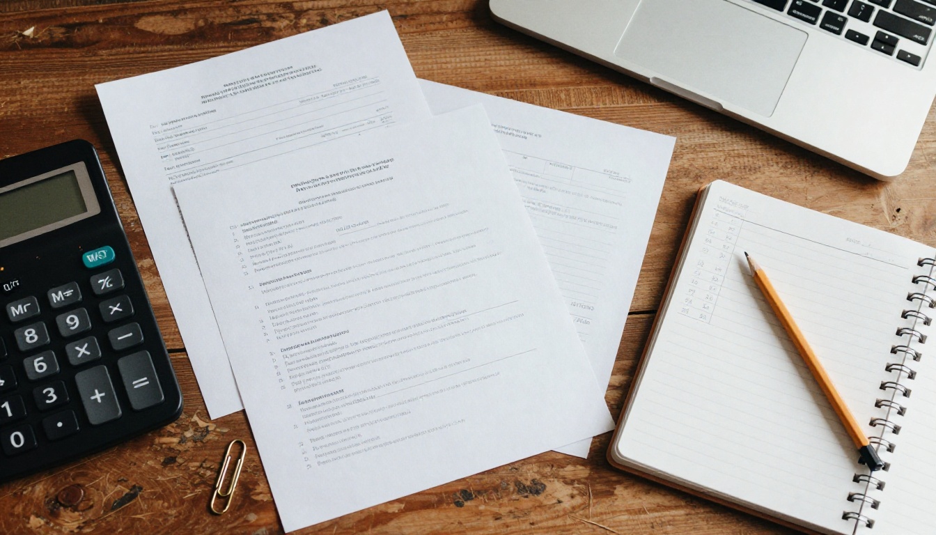 Printed invoices, a calculator and a notebook of handwritten figures on a walnut desk