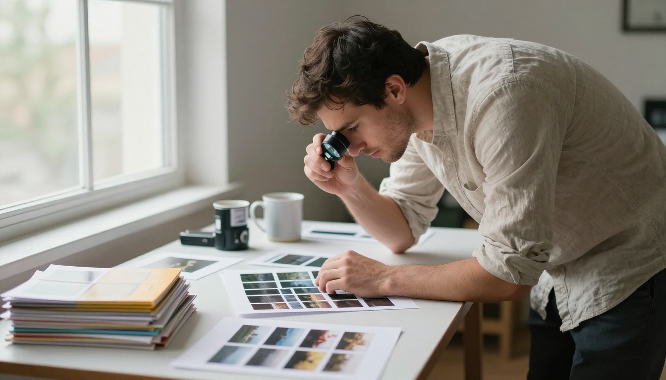 Photographer inspecting a printed contact sheet of small landscape and portrait frames