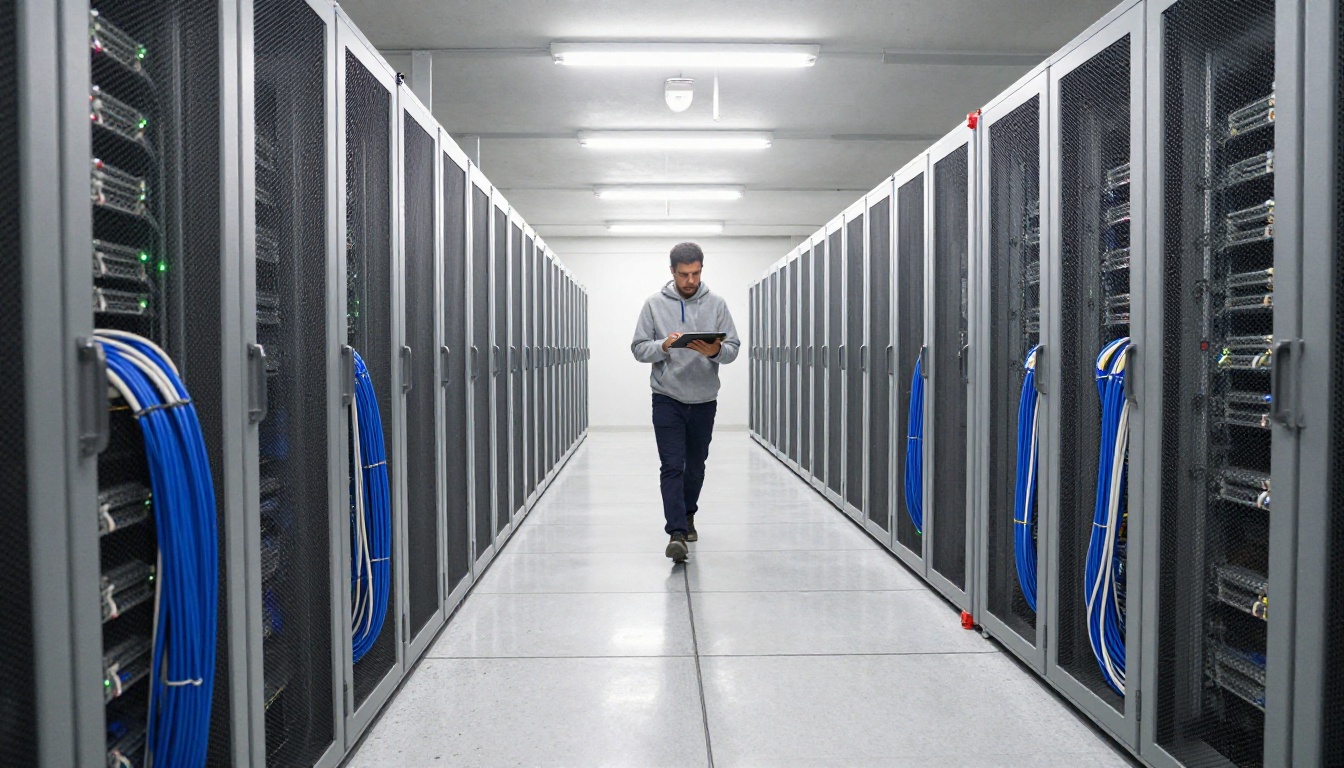 Low-angle view down an aisle of server racks in a regional data center