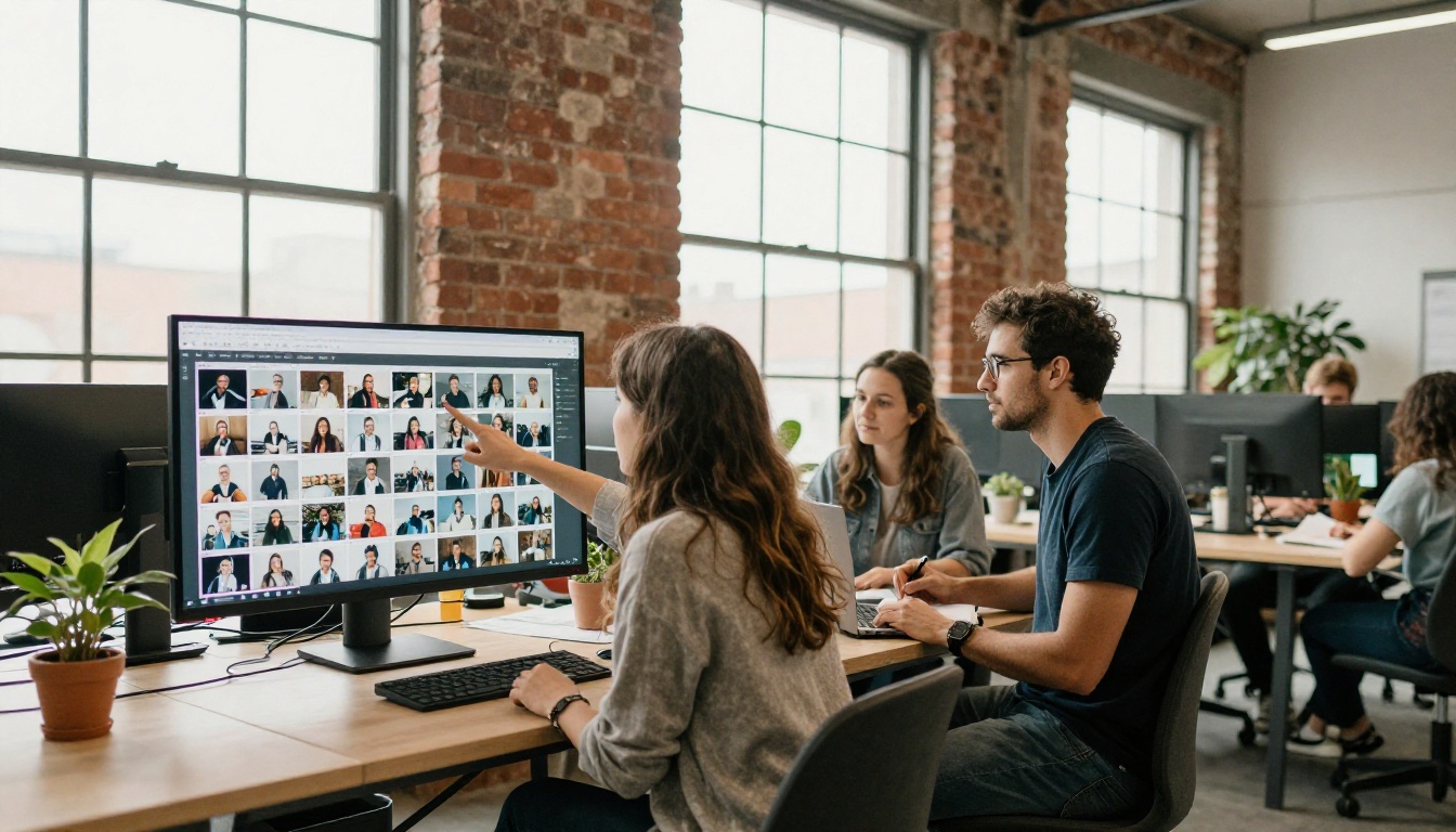Three colleagues gathered around one monitor showing a grid of photographic thumbnails
