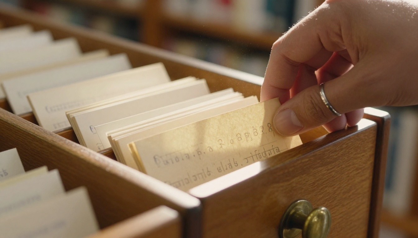 A hand pulling a typed index card from an oak card catalog drawer
