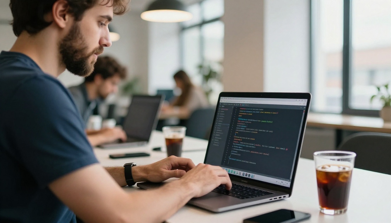 A developer typing at a standing desk in a bright open office
