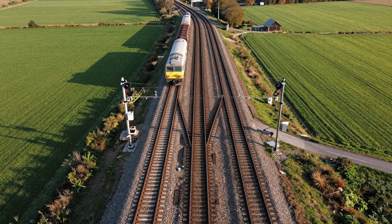 Aerial view of a railway junction where one track splits into four