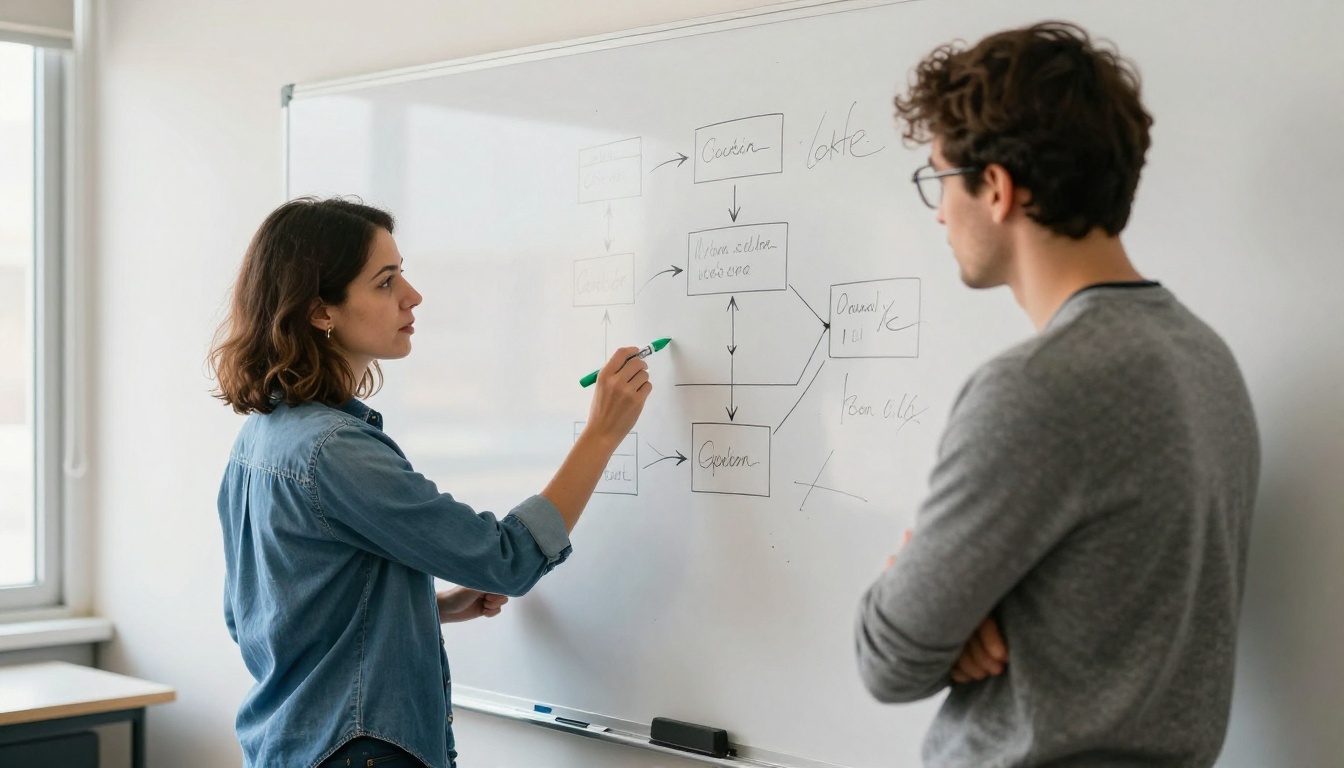 Two engineers at a whiteboard sketching a diagram of boxes and arrows