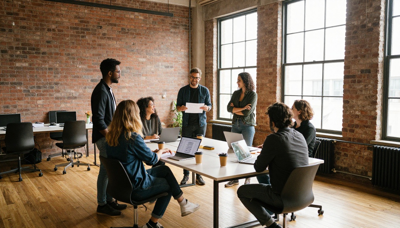 A small startup team standing around a high table in a loft office