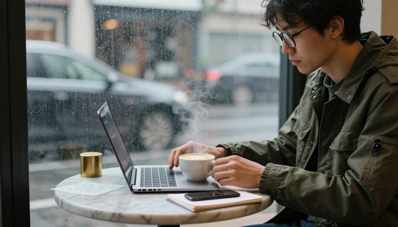 A solo developer working at a cafe table beside a rain-streaked window