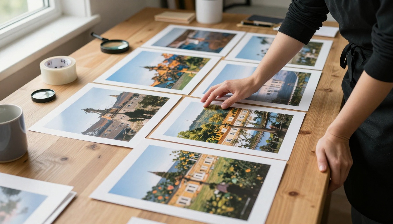 A photographer reviewing printed photographs on a studio table