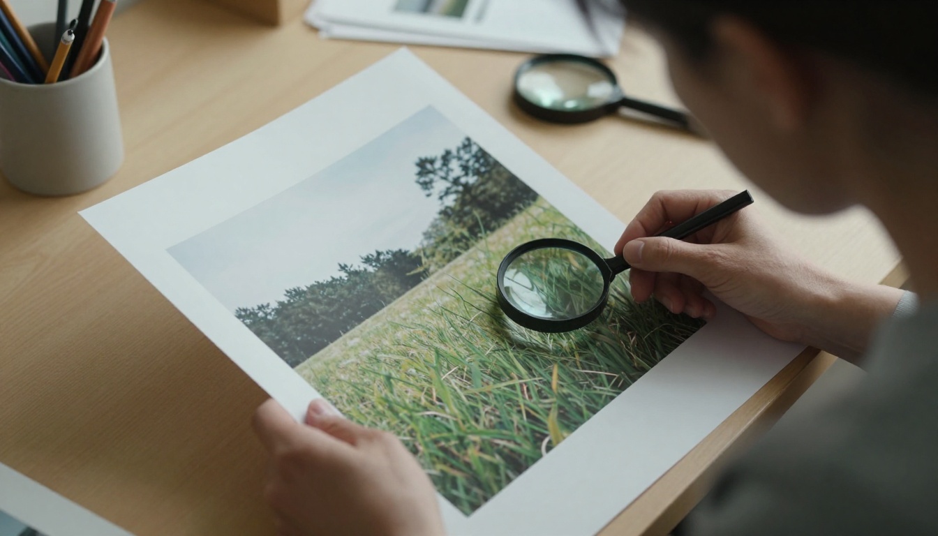Woman examining a large printed landscape photograph at a drafting table