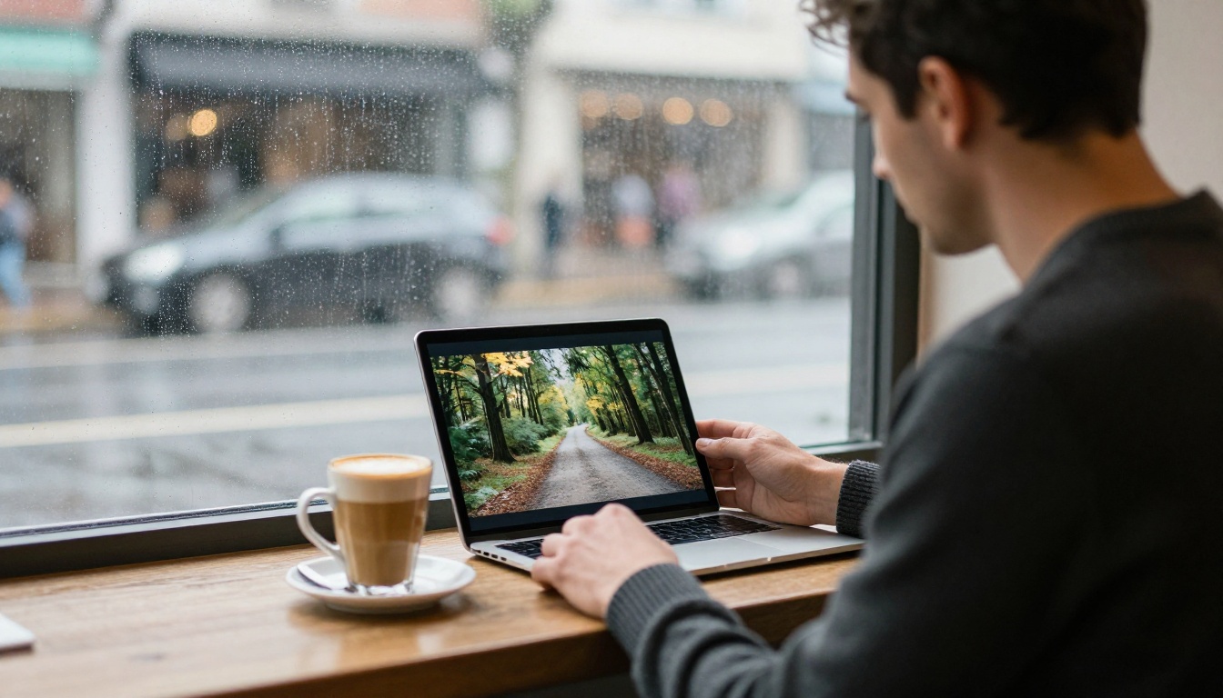 Man in a charcoal sweater holding a tablet with a sunlit forest path photograph in a cafe