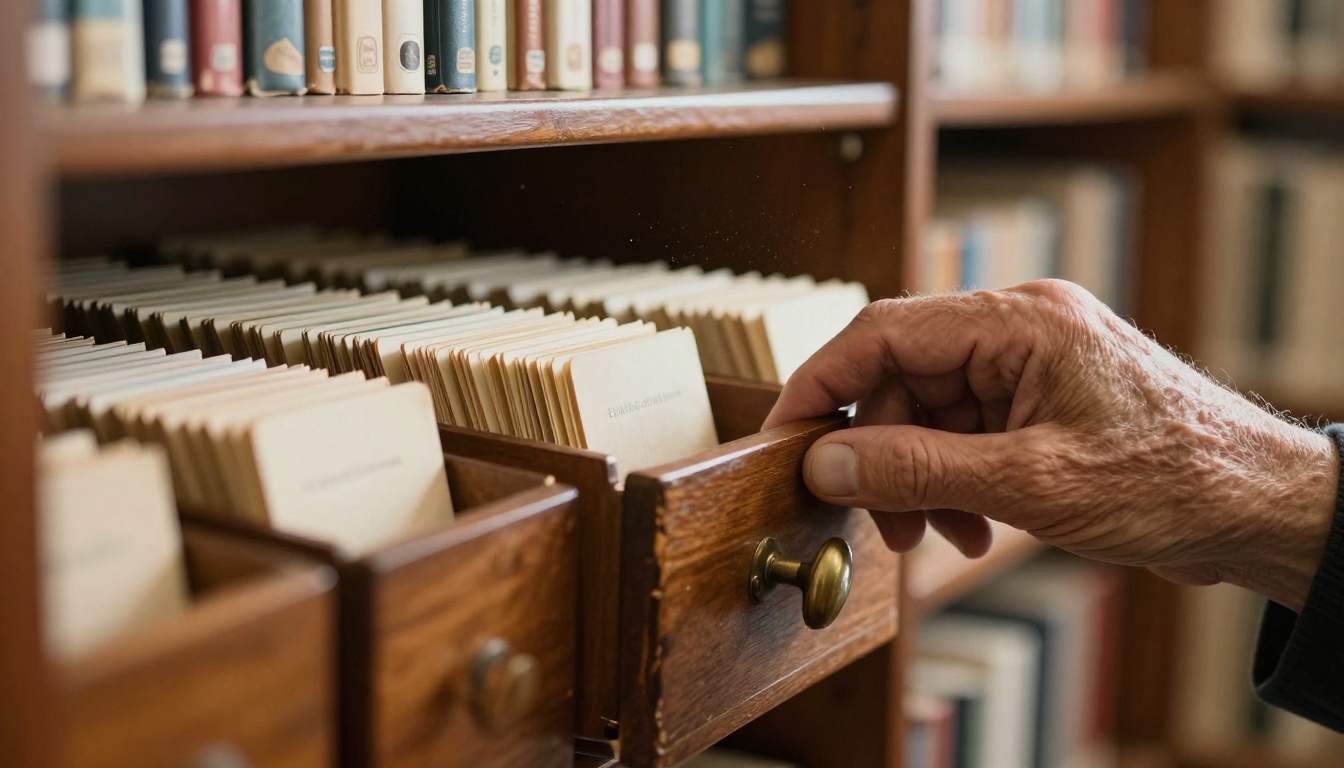 A librarian's hand pulling a drawer from an oak card catalog, the way a cached prefix is pulled instead of rebuilt