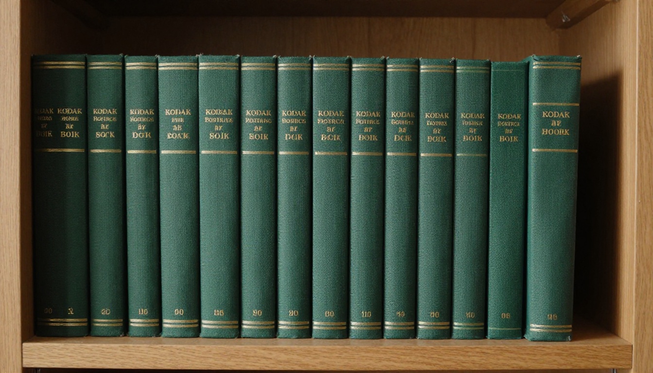 A long shelf of identical green volumes with one book pulled out of line