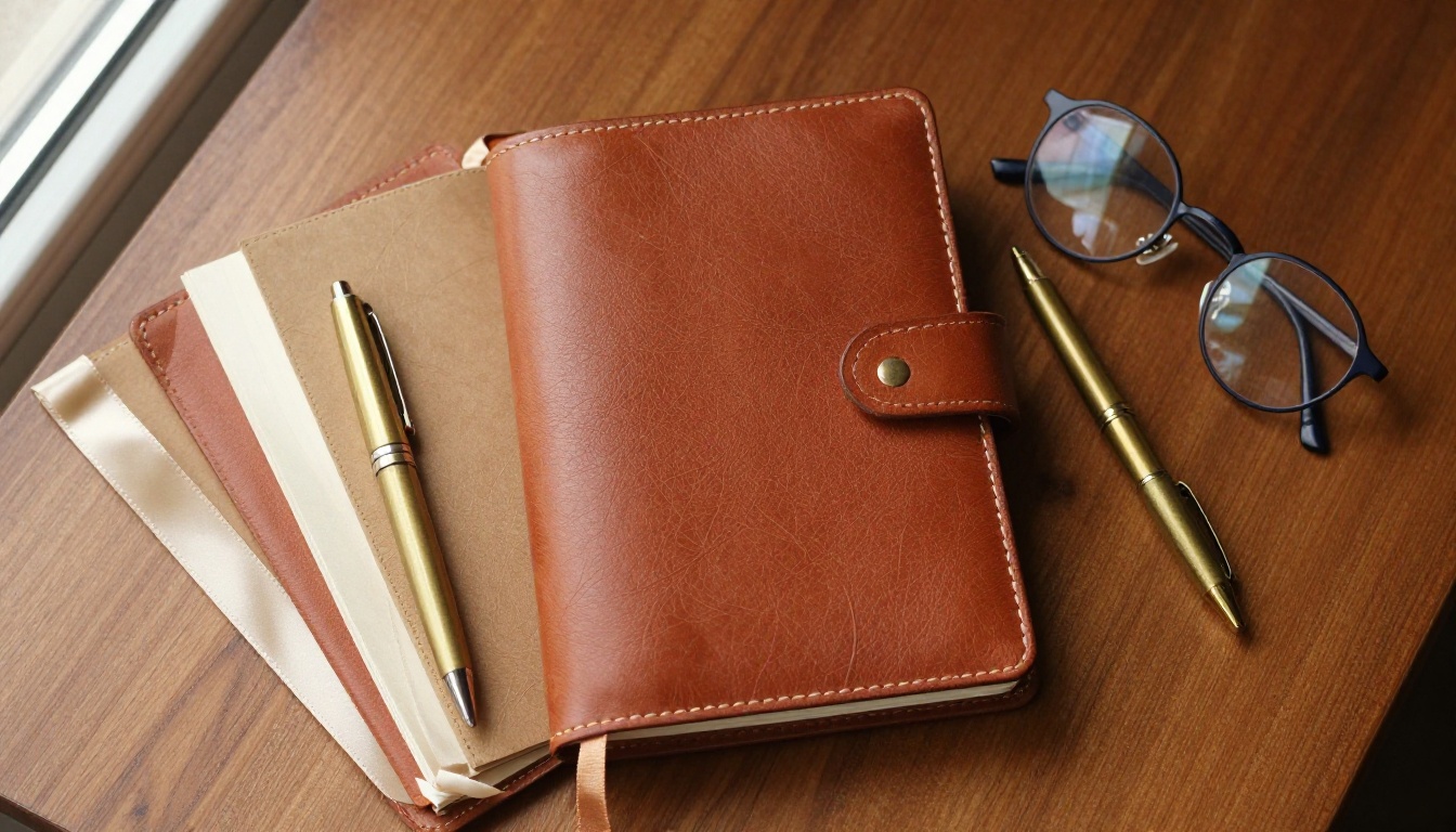 A leather ledger with four ribbon bookmarks marking different pages