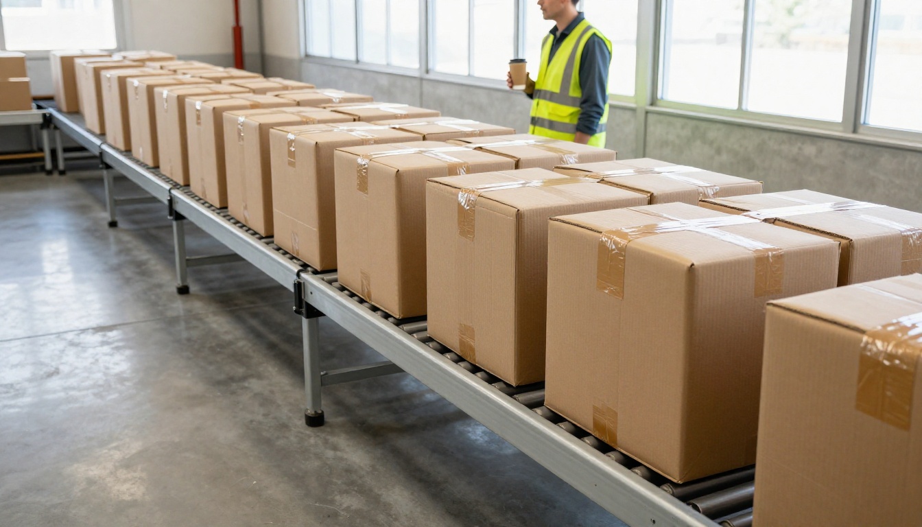 A warehouse conveyor sorting identical parcels while a worker watches with a coffee