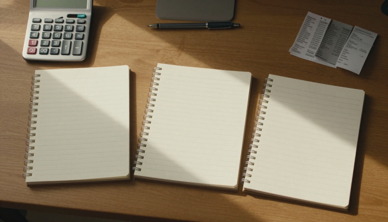 Three notebooks, a calculator and receipts laid out on an oak desk for a cost comparison
