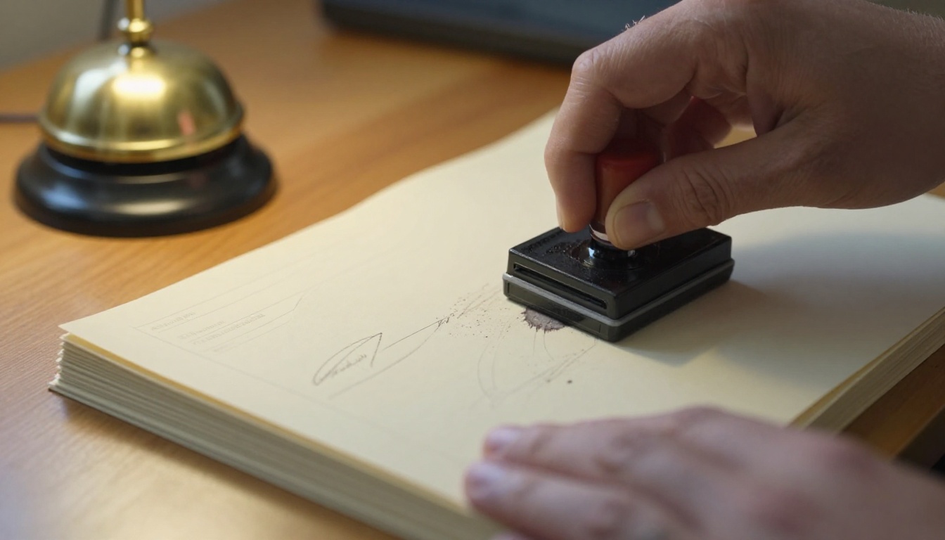 A hand stamping a different date on each of a stack of identical forms